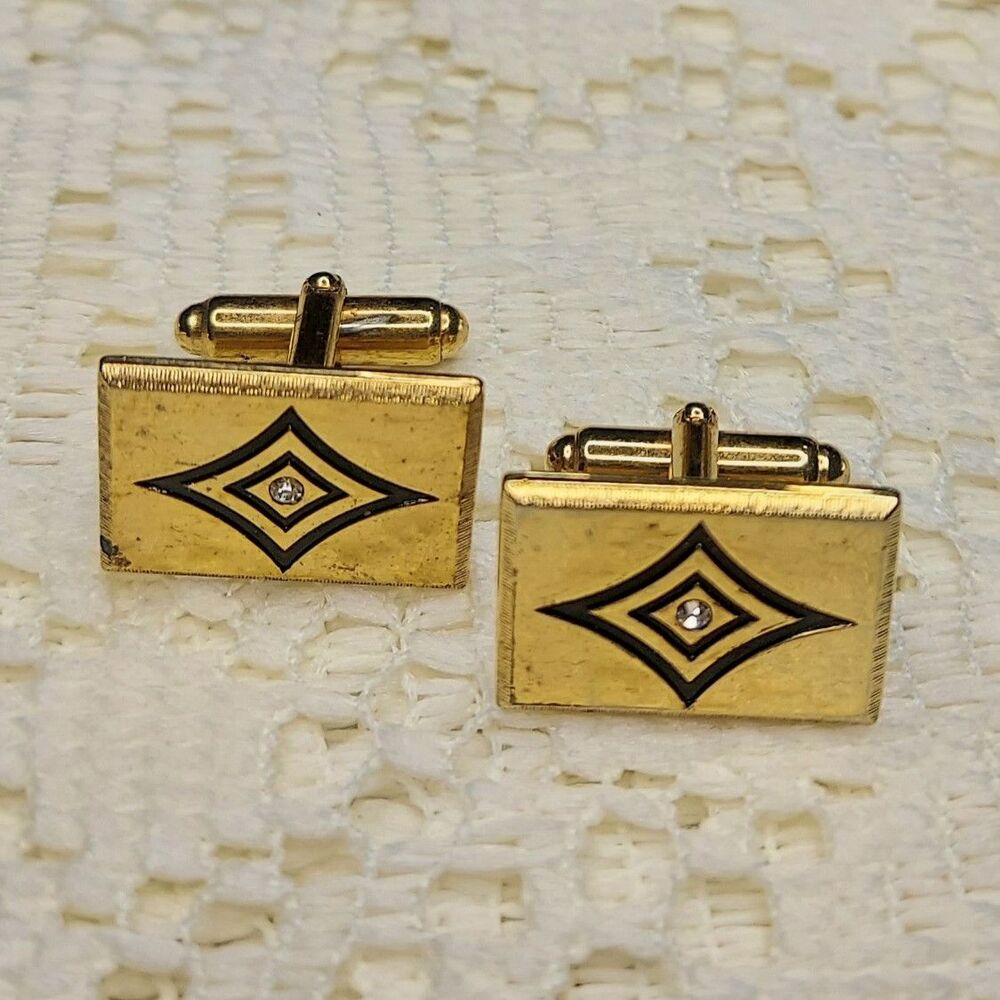 Gold Tone Rectangle Bullet Back Men's Cufflinks with Black Diamond Pattern